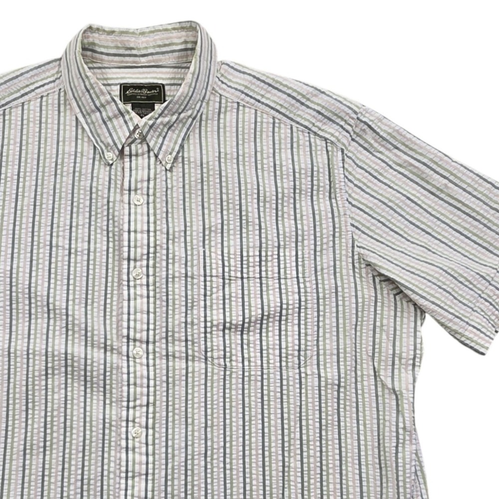 Eddie Bauer‎ Short Sleeve Seersucker Striped Button Down Shirt Green Mens XL